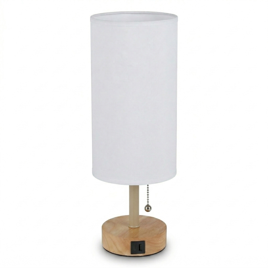 Brilagi - Lampă de masă TABLON cu port USB 1xE27/25W/230V stejar/bej/alb