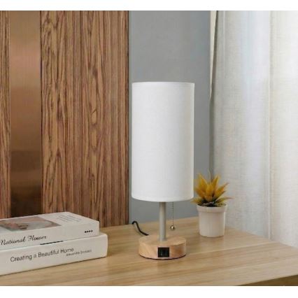 Brilagi - Lampă de masă TABLON cu port USB 1xE27/25W/230V stejar/bej/alb