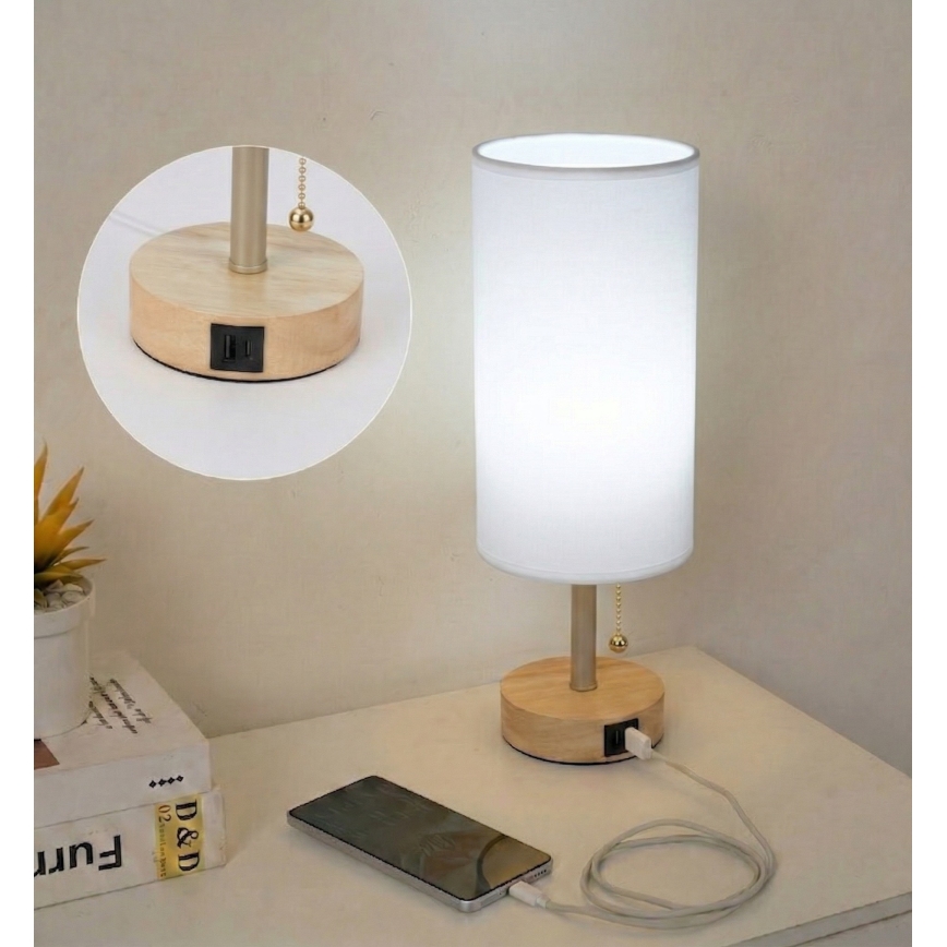 Brilagi - Lampă de masă TABLON cu port USB 1xE27/25W/230V stejar/bej/alb