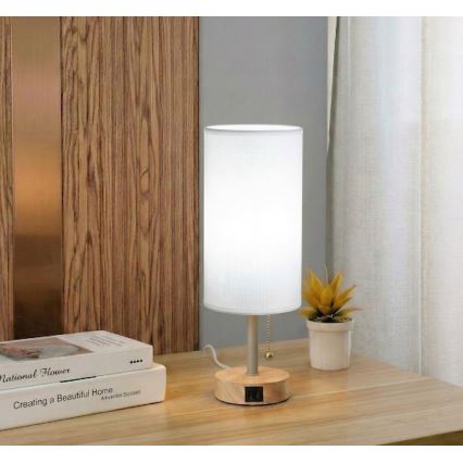 Brilagi - Lampă de masă TABLON cu port USB 1xE27/25W/230V stejar/bej/alb