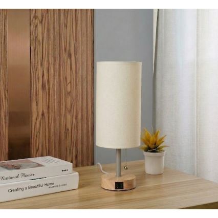 Brilagi - Lampă de masă TABLON cu port USB, 1xE27/25W/230V, stejar/bej/crem
