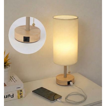 Brilagi - Lampă de masă TABLON cu port USB, 1xE27/25W/230V, stejar/bej/crem