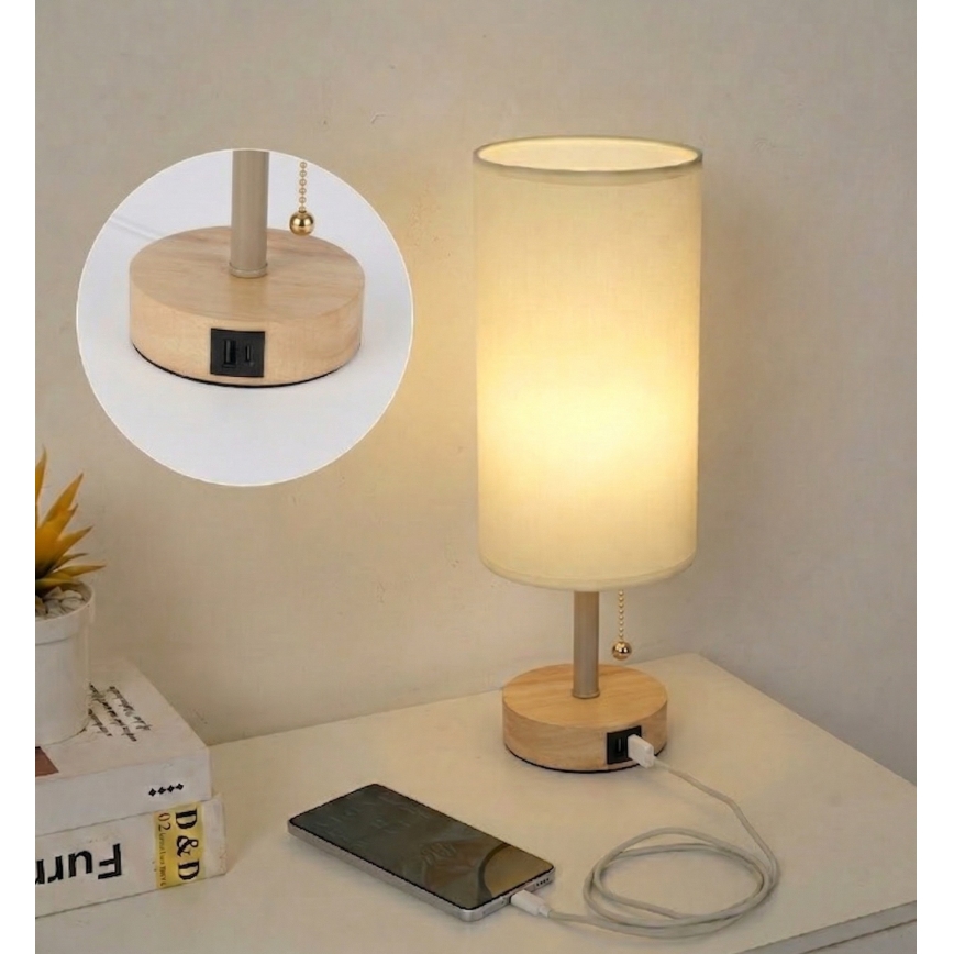 Brilagi - Lampă de masă TABLON cu port USB, 1xE27/25W/230V, stejar/bej/crem