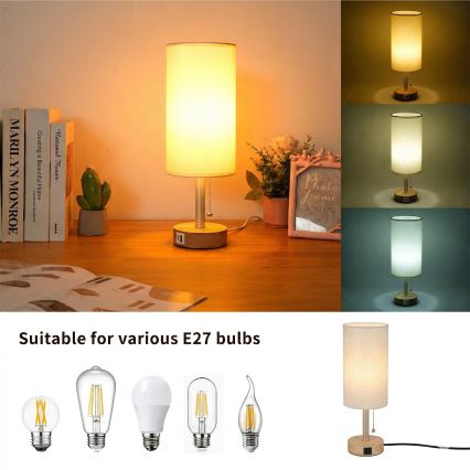 Brilagi - Lampă de masă TABLON cu port USB, 1xE27/25W/230V, stejar/bej/crem