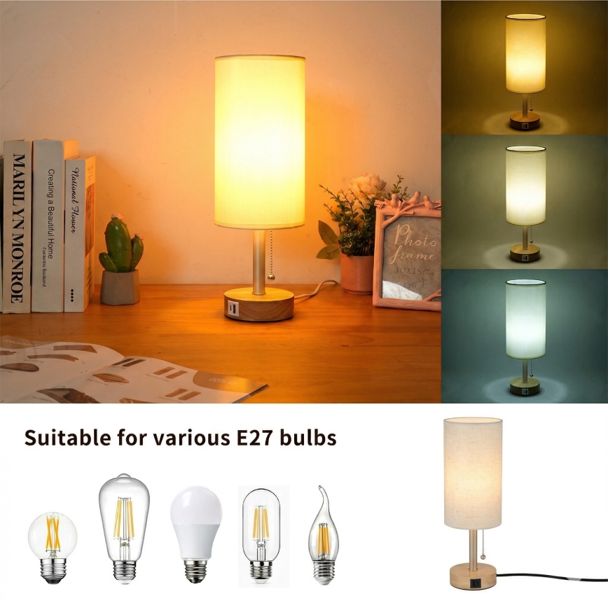 Brilagi - Lampă de masă TABLON cu port USB, 1xE27/25W/230V, stejar/bej/crem