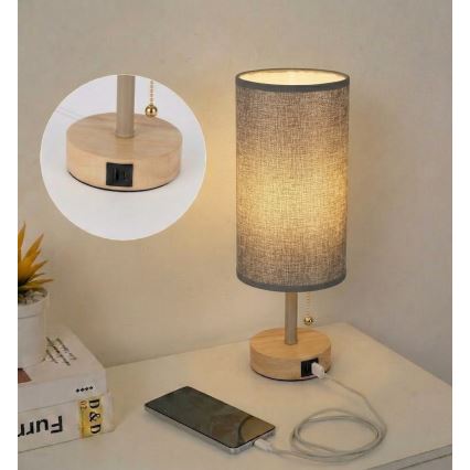 Brilagi - Lampă de masă TABLON cu port USB, 1xE27/25W/230V, stejar/bej/gri