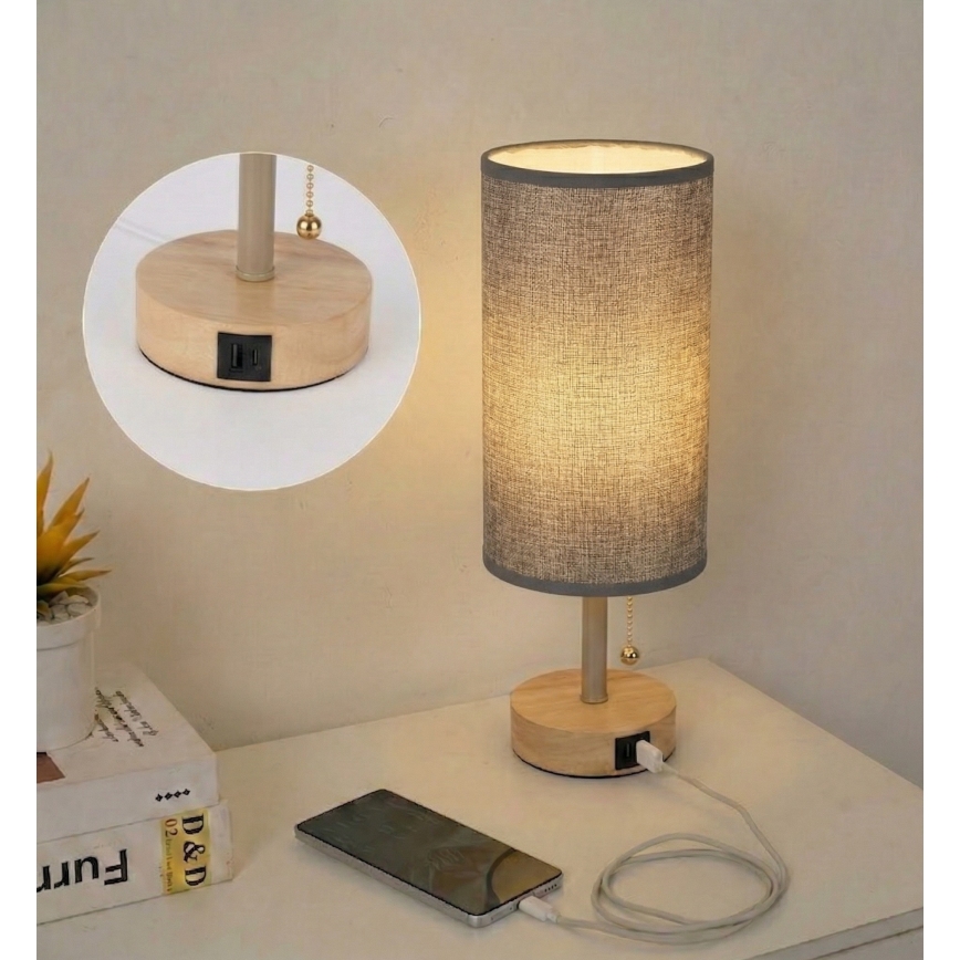 Brilagi - Lampă de masă TABLON cu port USB, 1xE27/25W/230V, stejar/bej/gri