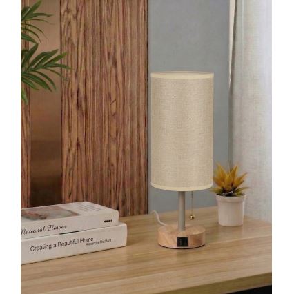 Brilagi - Lampă de masă TABLON cu port USB 1xE27/25W/230V stejar/bej