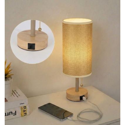 Brilagi - Lampă de masă TABLON cu port USB 1xE27/25W/230V stejar/bej