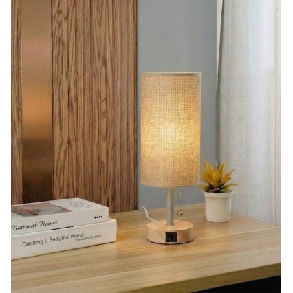 Brilagi - Lampă de masă TABLON cu port USB 1xE27/25W/230V stejar/bej