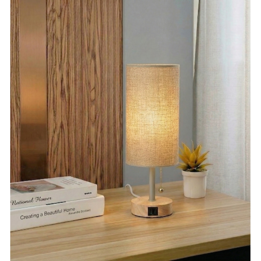 Brilagi - Lampă de masă TABLON cu port USB 1xE27/25W/230V stejar/bej