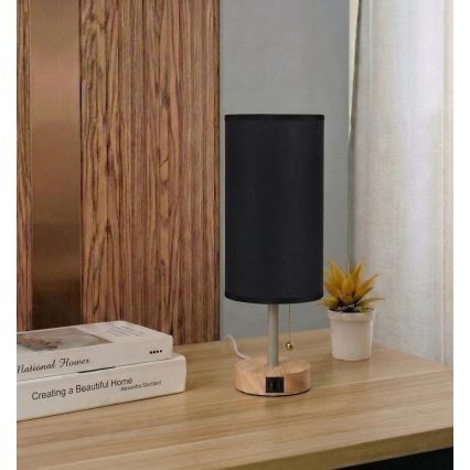 Brilagi - Lampă de masă TABLON cu port USB, 1xE27/25W/230V, stejar/bej/negru