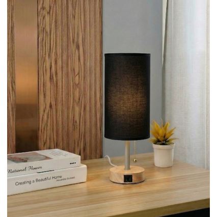 Brilagi - Lampă de masă TABLON cu port USB, 1xE27/25W/230V, stejar/bej/negru