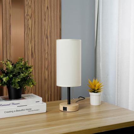 Brilagi - Lampă de masă TABLON cu port USB, 1xE27/25W/230V, stejar/negru/crem