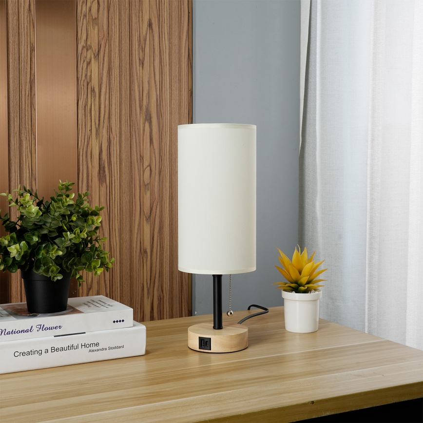 Brilagi - Lampă de masă TABLON cu port USB, 1xE27/25W/230V, stejar/negru/crem