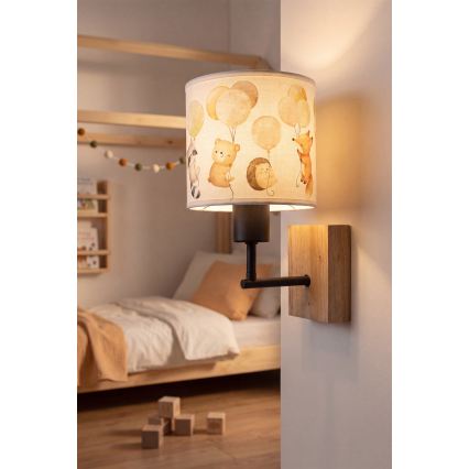 Brilagi - Lampă de perete pentru copii BOBO WOOD 1xE27/25W/230V, stejar/negru/alb, cu motive jucăușe de animale