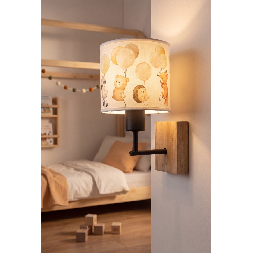 Brilagi - Lampă de perete pentru copii BOBO WOOD 1xE27/25W/230V, stejar/negru/alb, cu motive jucăușe de animale