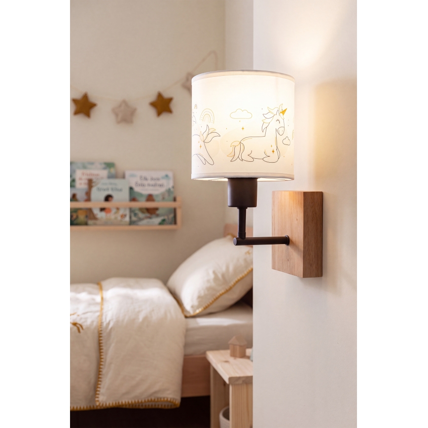 Brilagi - Lampă de perete pentru copii BOBO WOOD 1xE27/25W/230V stejar/negru/alb/unicorni