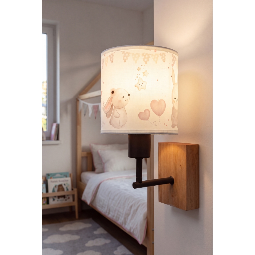 Brilagi - Lampă de perete pentru copii BOBO WOOD 1xE27/25W/230V stejar/negru/crem/iepurași
