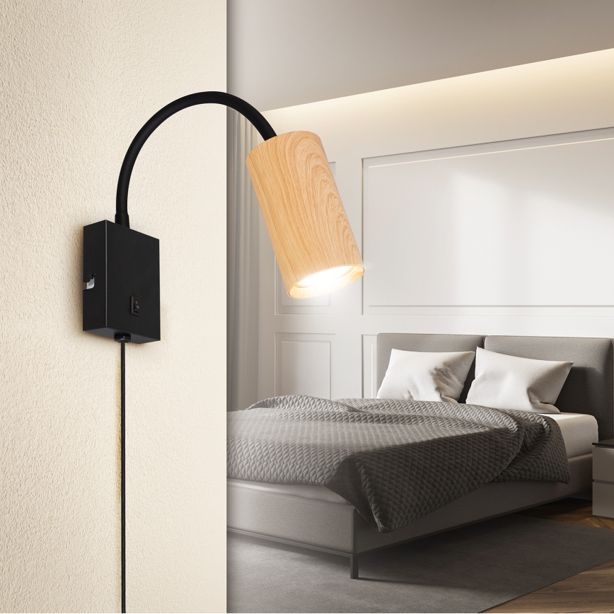 Brilagi - Lampă de perete flexibilă cu întrerupător SELE 1xGU10/30W/230V negru/decor de stejar