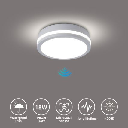 Brilagi - Lampă de tavan LED pentru exterior cu senzor BENE LED/18W/230V Ø 21,5 cm albă IP54