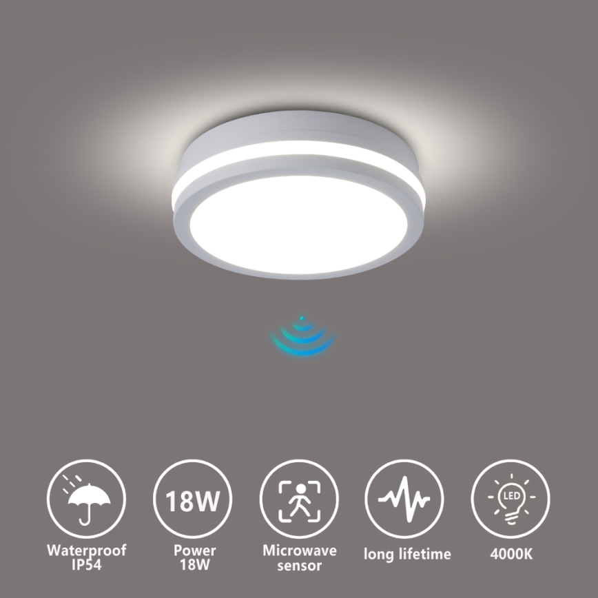 Brilagi - Lampă de tavan LED pentru exterior cu senzor BENE LED/18W/230V Ø 21,5 cm albă IP54