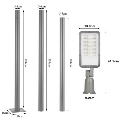 Brilagi - Lampă stradală LED de exterior URBANLIGHT, cu stâlp și braț articulat, 3 m, LED 50W, 230V, gri, IP65