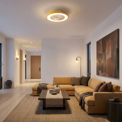 Brilagi - Plafonier LED dimabil cu ventilator integrat, 38W, 230V, 3000-6500K, Ø 50 cm, auriu/stejar + telecomandă