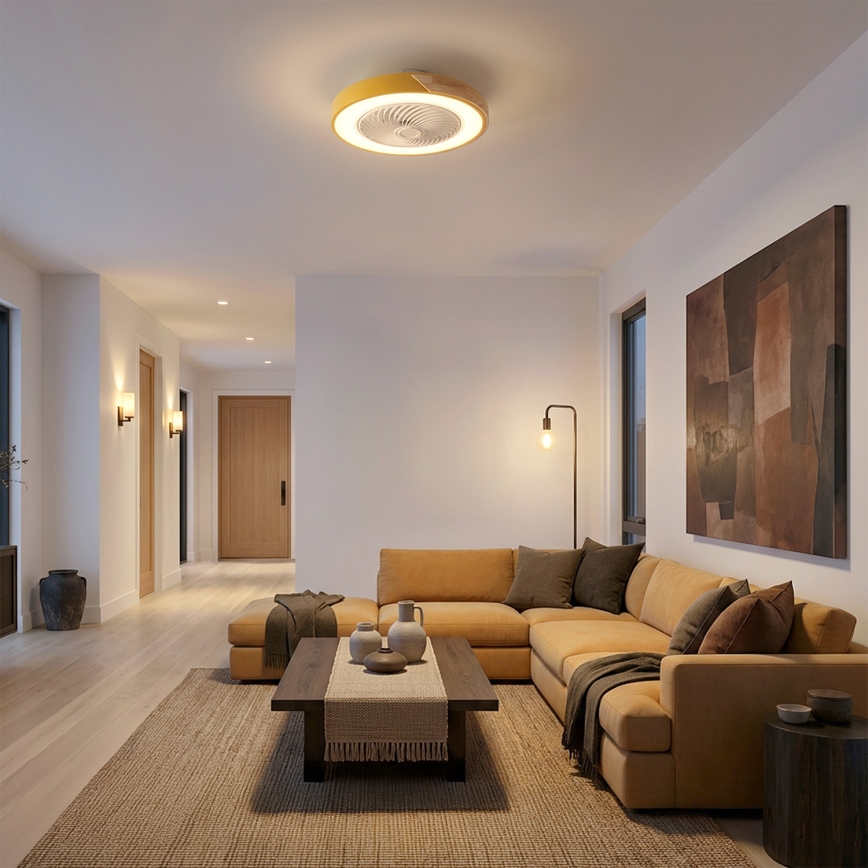 Brilagi - Plafonier LED dimabil cu ventilator integrat, 38W, 230V, 3000-6500K, Ø 50 cm, auriu/stejar + telecomandă