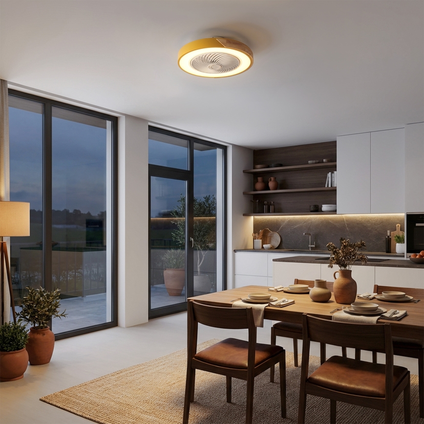 Brilagi - Plafonier LED dimabil cu ventilator integrat, 38W, 230V, 3000-6500K, Ø 50 cm, auriu/stejar + telecomandă