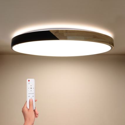 Brilagi - Plafonieră LED dimerizabilă PILANA, 72 W, 230 V, 3000–6500 K, stejar/negru, Ø 80 cm + telecomandă