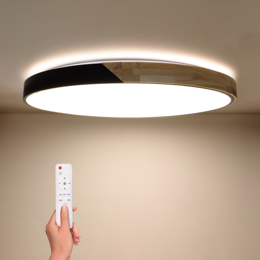 Brilagi - Plafonieră LED dimerizabilă PILANA, 72 W, 230 V, 3000–6500 K, stejar/negru, Ø 80 cm + telecomandă