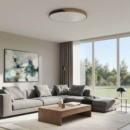 Brilagi - Plafonieră LED dimerizabilă PILANA, 72 W, 230 V, 3000–6500 K, stejar/negru, Ø 80 cm + telecomandă