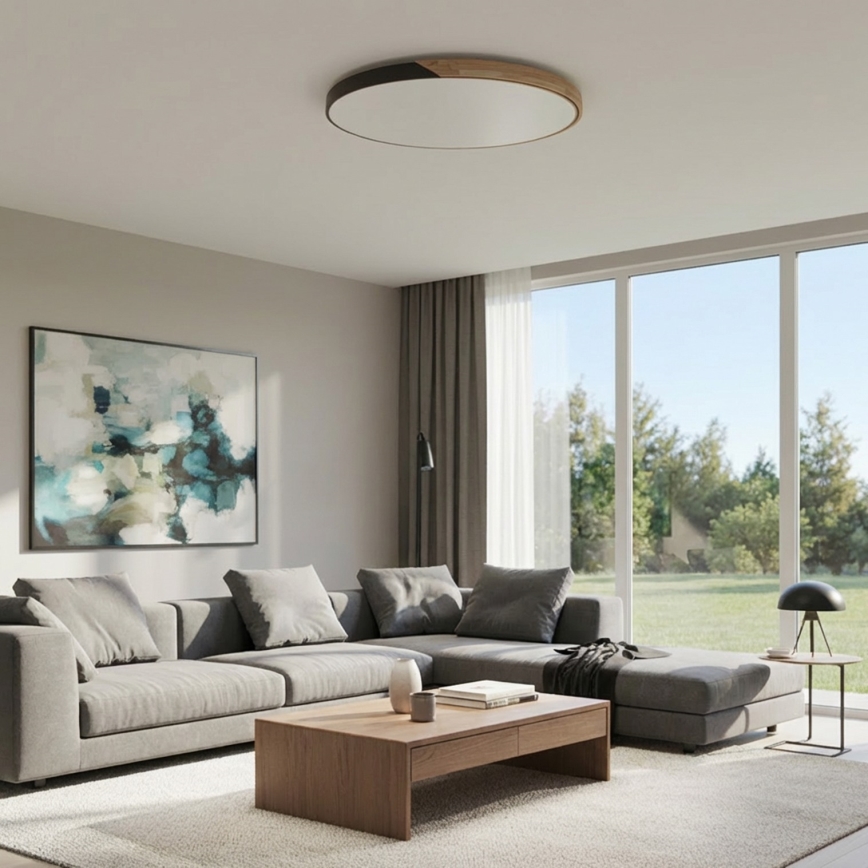 Brilagi - Plafonieră LED dimerizabilă PILANA, 72 W, 230 V, 3000–6500 K, stejar/negru, Ø 80 cm + telecomandă