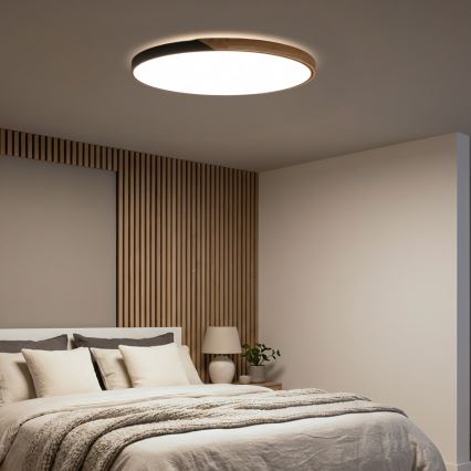 Brilagi - Plafonieră LED dimerizabilă PILANA, 72 W, 230 V, 3000–6500 K, stejar/negru, Ø 80 cm + telecomandă