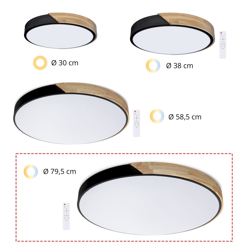 Brilagi - Plafonieră LED dimerizabilă PILANA, 72 W, 230 V, 3000–6500 K, stejar/negru, Ø 80 cm + telecomandă