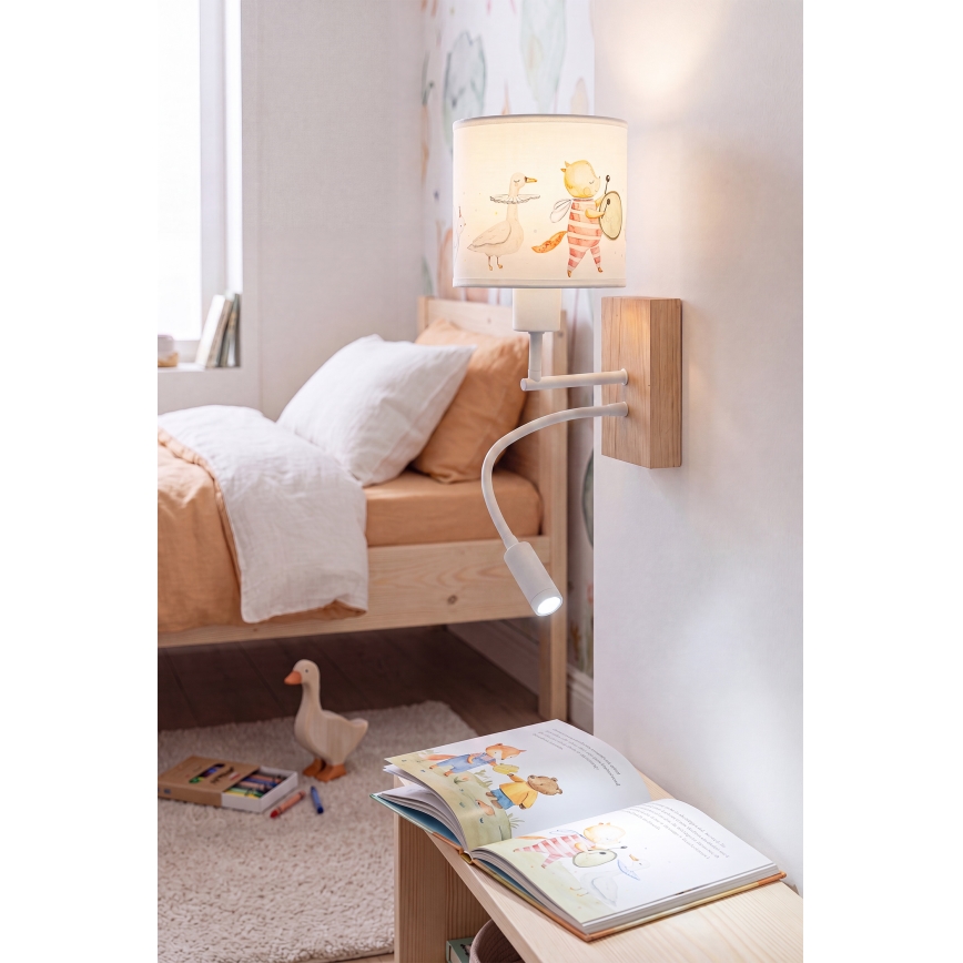 Brilagi - Lampă de perete flexibilă cu LED pentru copii BOBO WOOD, 1xE27/25W/230V + LED/3W, stejar/alb/cu animale