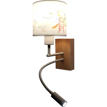 Brilagi - Lampă de perete flexibilă cu LED pentru copii BOBO WOOD, 1xE27/25W/230V + LED/3W, stejar/alb/cu animale