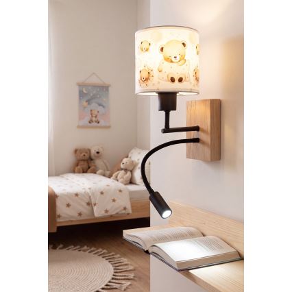 Brilagi - Lampă LED de perete flexibilă pentru copii BOBO WOOD 1xE27/25W/230V + LED/3W stejar/negru/alb/ursuleți