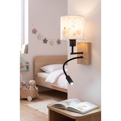Brilagi - Lampă LED de perete flexibilă pentru copii BOBO WOOD 1xE27/25W/230V + LED/3W stejar/negru/crem/cu iepurași