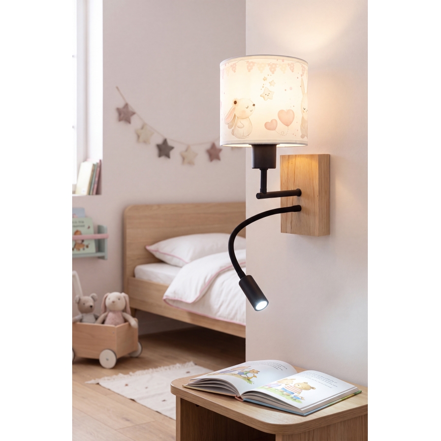 Brilagi - Lampă LED de perete flexibilă pentru copii BOBO WOOD 1xE27/25W/230V + LED/3W stejar/negru/crem/cu iepurași