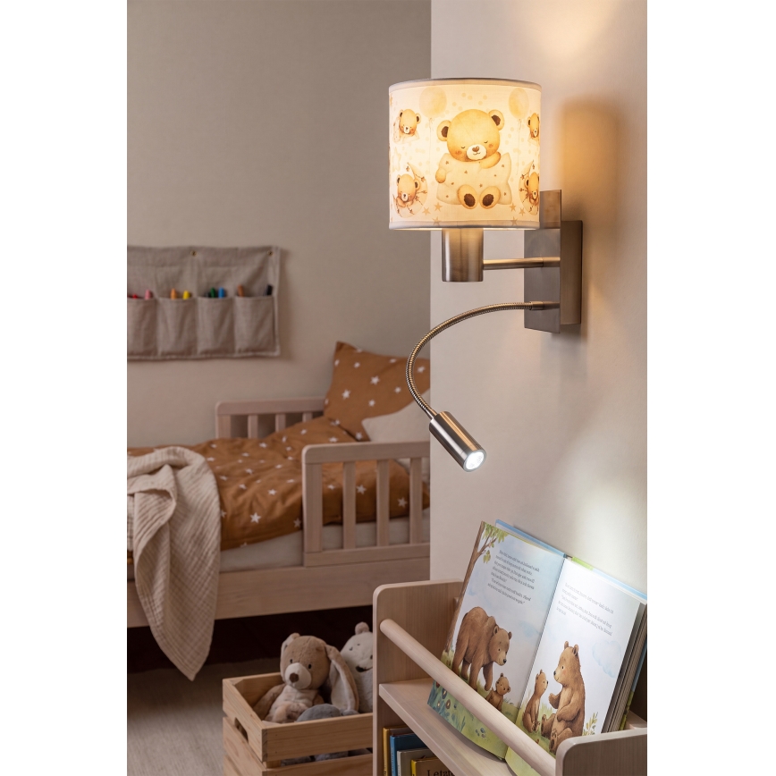 Brilagi - Lampă de perete LED flexibilă pentru copii BOBO 1xE27/25W/230V + LED/3W crom mat/alb/ursuleți