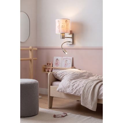 Brilagi - Lampă de perete flexibilă LED pentru copii BOBO 1xE27/25W/230V + LED/3W, crom mat/alb/roz cu imprimeu balerine