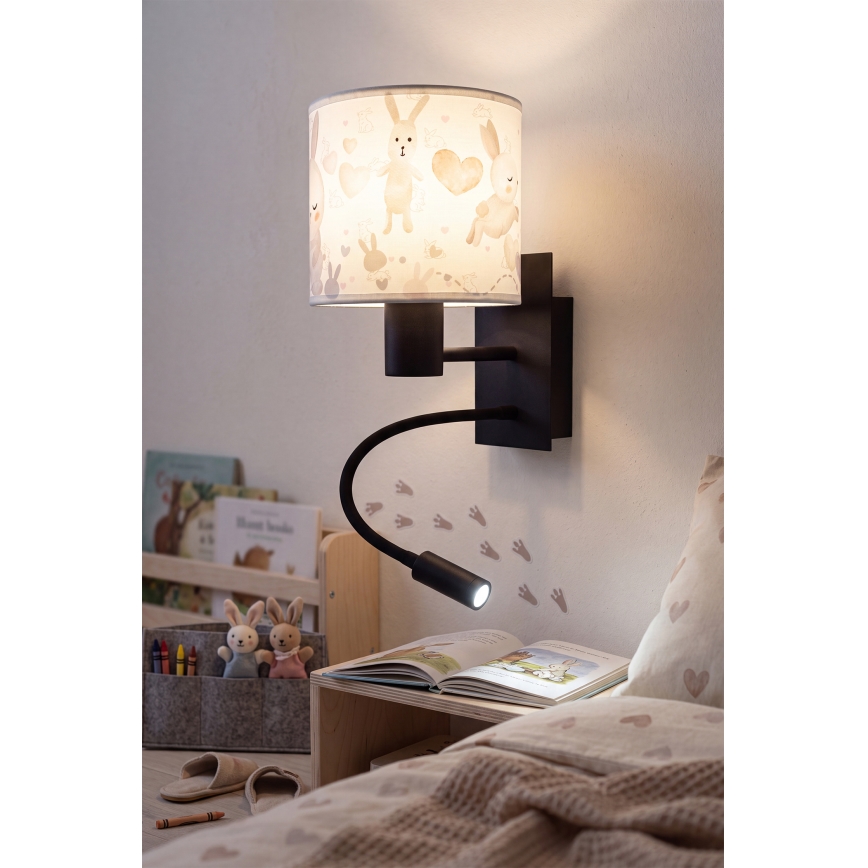 Brilagi - Lampă de perete flexibilă LED pentru copii BOBO 1xE27/25W/230V + LED/3W, negru/alb/iepurași