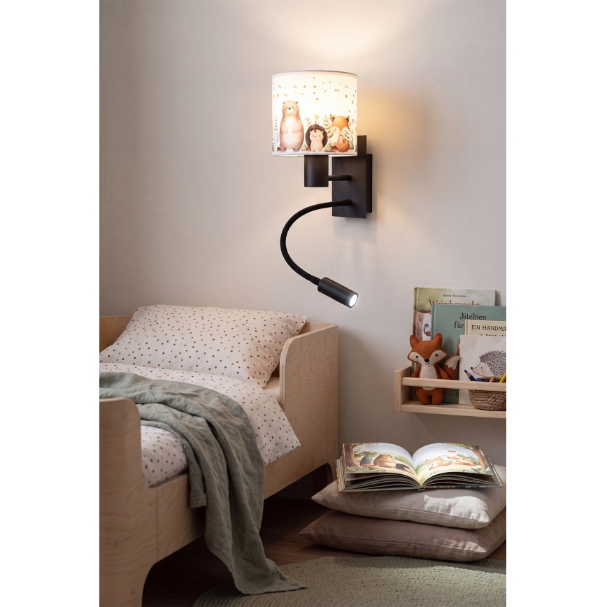 Brilagi - Lampă de perete flexibilă LED pentru copii BOBO 1xE27/25W/230V + LED/3W, negru/alb, cu motive animale