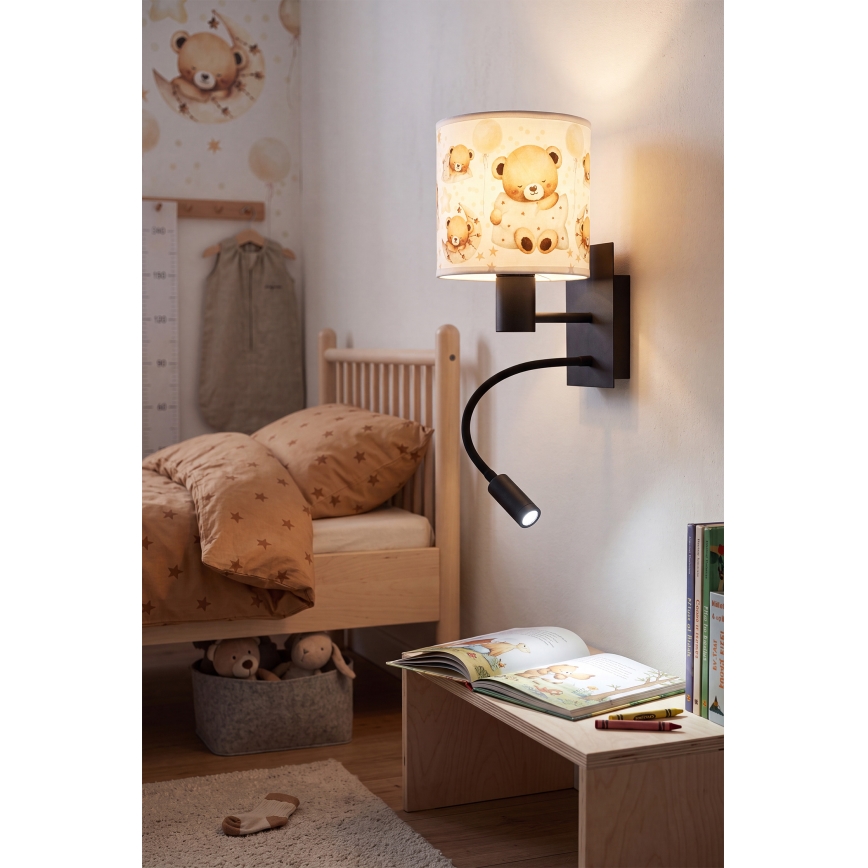 Brilagi - Lampă de perete flexibilă LED pentru copii BOBO 1xE27/25W/230V + LED/3W negru/alb/cu ursuleți