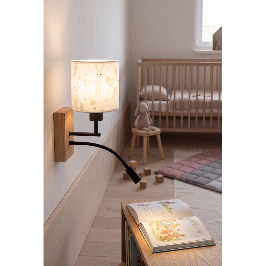 Brilagi - Lampă de perete flexibilă LED pentru copii BOBO WOOD 1xE27/25W/230V + LED/3W stejar/negru/alb/iepurași