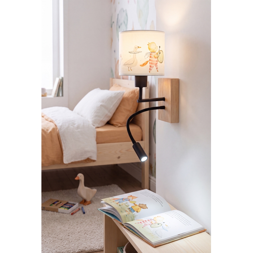 Brilagi - Lampă LED de perete flexibilă pentru copii BOBO WOOD 1xE27/25W/230V + LED/3W stejar/negru/alb/cu modele de animale