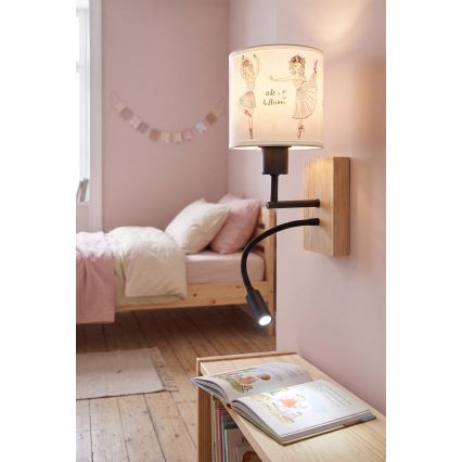 Brilagi - Lampă de perete flexibilă LED pentru copii BOBO WOOD 1xE27/25W/230V + LED/3W stejar/negru/alb/roz/balerine