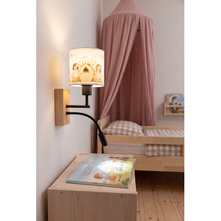 Brilagi - Lampă de perete LED flexibilă pentru copii BOBO WOOD 1xE27/25W/230V + LED/3W, stejar/negru/alb/roz/cu motive cu zâne